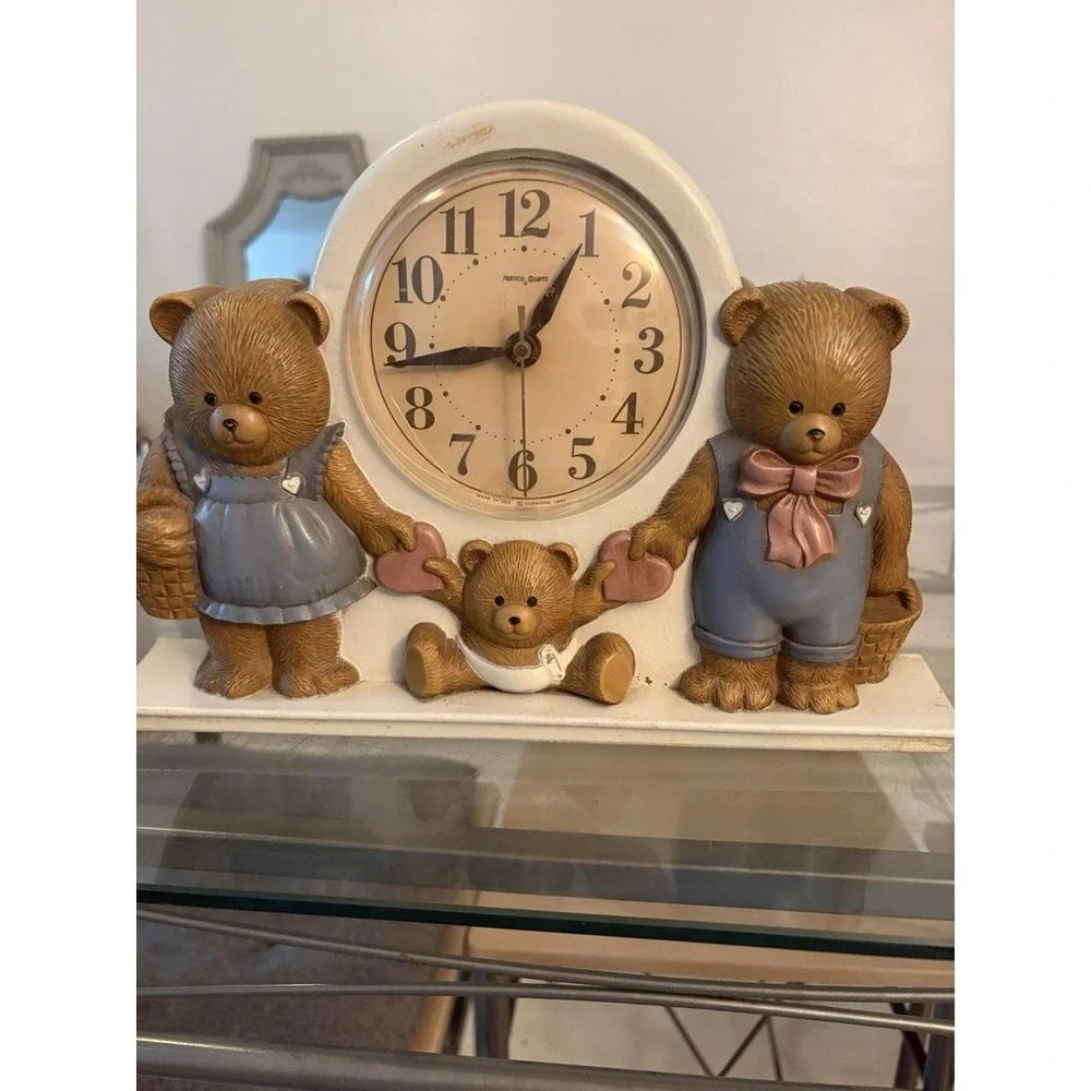VTG 1987 Burwood Homco Teddy Bear Family Quartz Wall Shelf Clock Tested Works